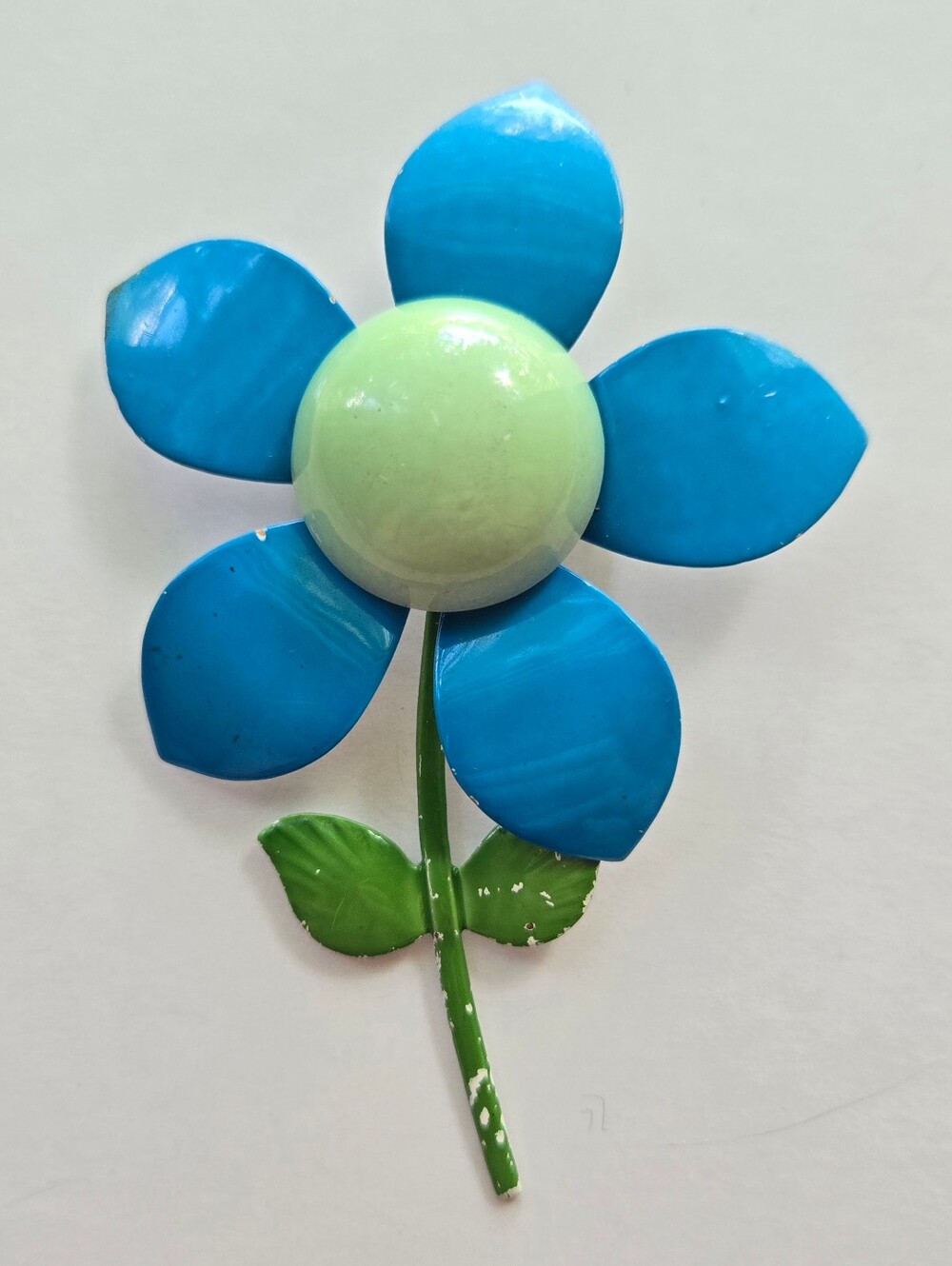 Vintage Mid Century Metal Enamel Flower Brooch Blue Petals Flower Power 60s